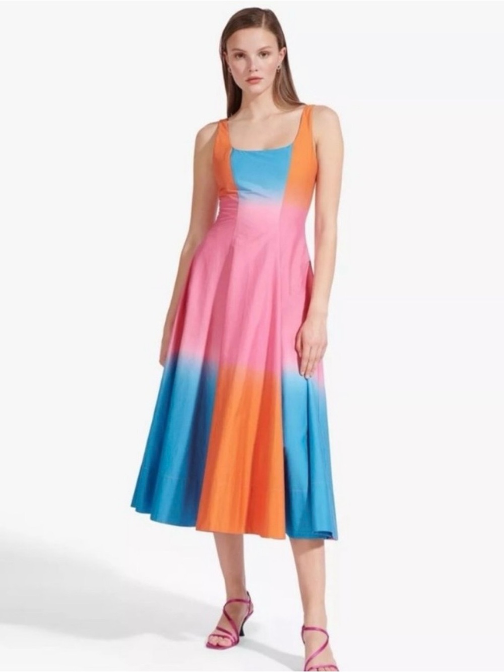 STAUD Wells Scoop-Neck Midi Dress in Pink, Orange & Blue